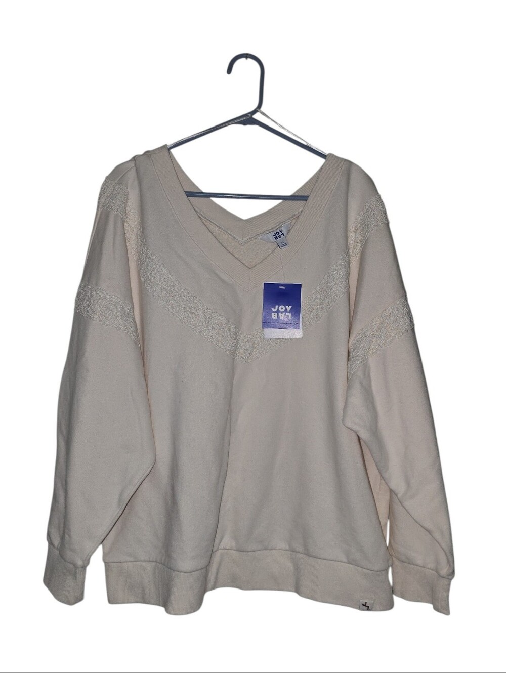 JoyLab Cream V-Neck Sweatshirt with Subtle Lace Trim, XL, NWT!!!